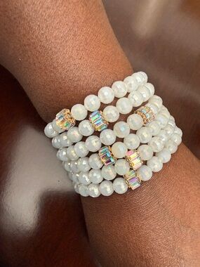 6 PC White Faceted Iridescent Beaded Stretch Bracelet
